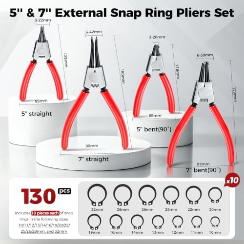 BILITOOLS 4PC External Snap Ring Pliers Set, 5" & 7" Circlip Kit