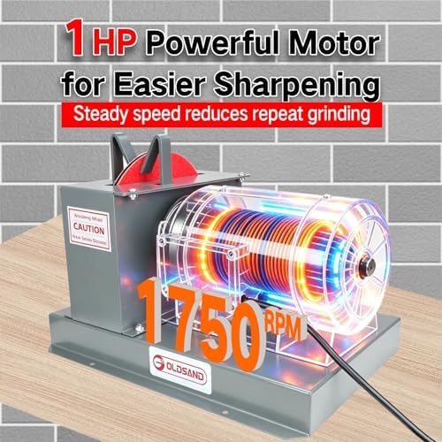 Goldsand Lawn Mower Blade Sharpener, 1HP 750W Lawnmower Blade Grinder Professiona with 9-inch Red Ceramic Grinding Wheel, for High/Low Lift Blades, Gator Blades, Flat Blades