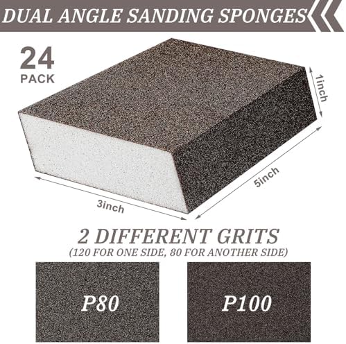 Gisafai 24 Pcs Dual Angle Sanding Sponge Bulk, 80/120 Grit Double Sided Reusable Washable Sponge Sandpaper Block for Drywall, Wood, Metal, Glass, Med/fine