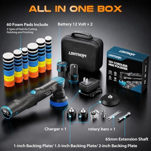 LDHTHOPI Cordless Mini Car Polisher, 12V, DA/RO 6-SPD 1000-5600RPM