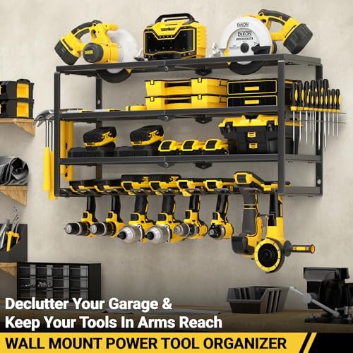 YYR 4 Layer Power Tool Organizer Wall Mount, Cordless Drill Hanger Storage Rack, Battery Tools Holder with Charging Station Shelf for Garage Organization, Workshop, Pegboard, Shed - 32 Inch 8 Slots