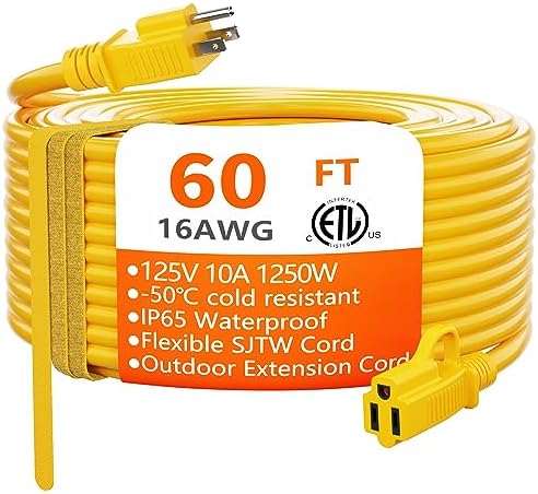 HUANCHAIN Indoor Outdoor Yellow Extension Cord 60 FT Waterproof 16/3 Gauge