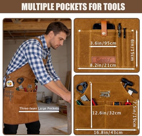 Geelu Woodworking Apron 16oz Waxed Canvas Work Aprons with 10 Tool Pockets Gifts for Woodworkers