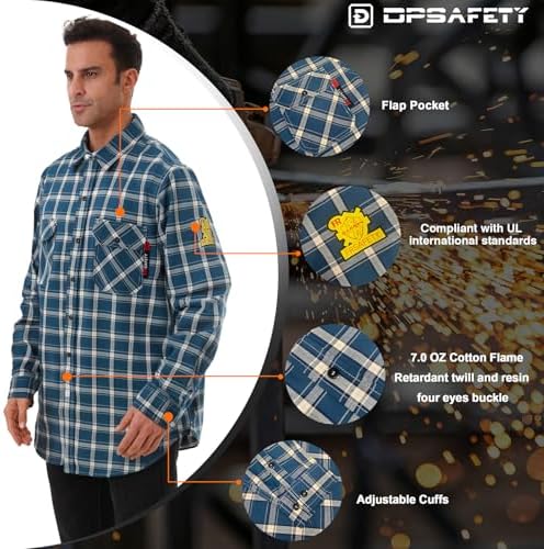 FR Shirts for Men 7oz Fire Resistant Shirts CAT2 Welding Shirt 100% Cotton Flame Resistant Shirt Blue/Plaid(6X-Large)