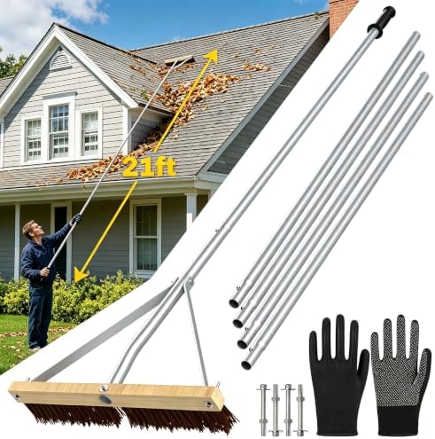 Huracan Snow Roof Rake Year-Round, Leaf Roof Brush with Gloves, 5-21ft Adjustable Leaves Snow Removal Tool, Anti-Slip Handle Cleaning Brush Extension Aluminum Poles, for Shingles Solar Panels Cars