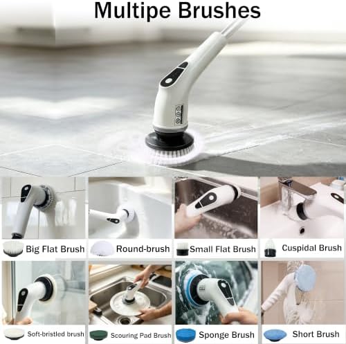 Electric Spin Scrubber for Bathroom Shower Scrubber with Long Handle 5 peeds 2Hrs Runtime 8 Brush Heads IPX7 Waterproof Kitchen Sink Bathroom Tile car Fish Tank