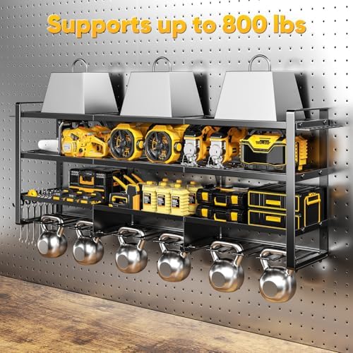 POKIPO Power Tool Organizer Wall Mount with Charging Station, 4 Tier Tool Battery Storage Rack Built in 8 Outlet Power Strip for Garage, 49" W, Black