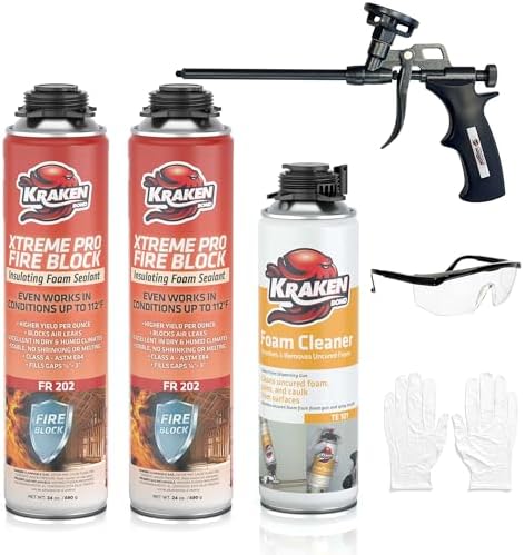 Kraken Bond Xtreme Pro Fire Block Expanding Foam Sealant (2x24oz), Professional Polyurethane Insulating Foam with Fire Block Technology, High Heat Resistant and Waterproof, Gun Included – 2 Pack