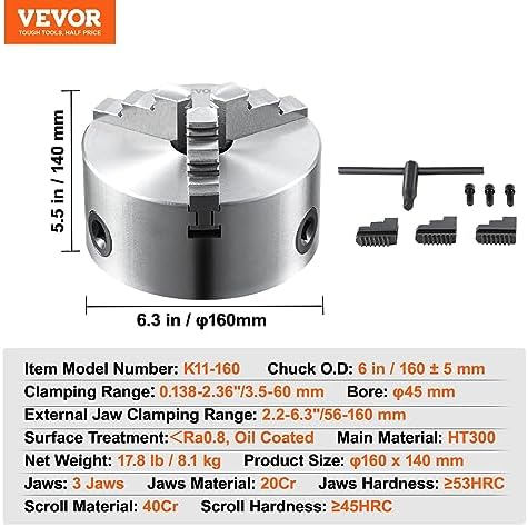 VEVOR 3-Jaw Lathe Chuck, 6'' Self-Centering Lathe Chuck, 0.14-6.3 in/3.5-160 mm Clamping Range with T-key Fixing Screws Reversible Jaws, for Lathe 3D Printer Machining Center Milling Drilling Machine