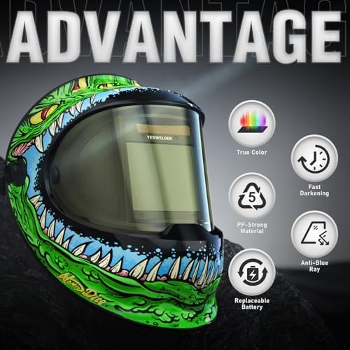 YESWELDER Auto Darkening Welding Helmet with SIDE VIEW, 180° Panoramic View, 1/1/1/1 True Color Solar Powered Welder Hood, Wide Shade 3/5-9/9-13 Welder Mask for TIG MIG ARC CUT and GRIND, LYG-Q800D