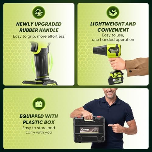 Saker Cordless Leaf Blower Portable Dust Cleaner with 2 Extended Nozzle Handheld Blower Air Duster with Adjustable Speed for Lawn Care Car Drying 2 Batteries Dark Green with Case