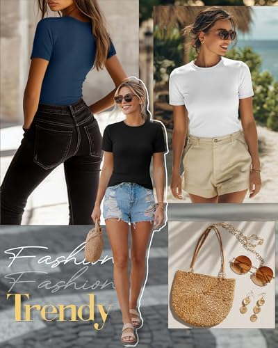 Ficerd 3 Pack Women's Ribbed Short Sleeve T-Shirts