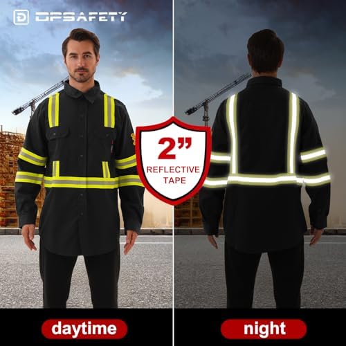 FR Shirts for Men 7oz Hi Vis Fire Resistant Shirts CAT2 Welding Shirt 100% Cotton High Visibility Flame Resistant Shirt Black(3X-Large)