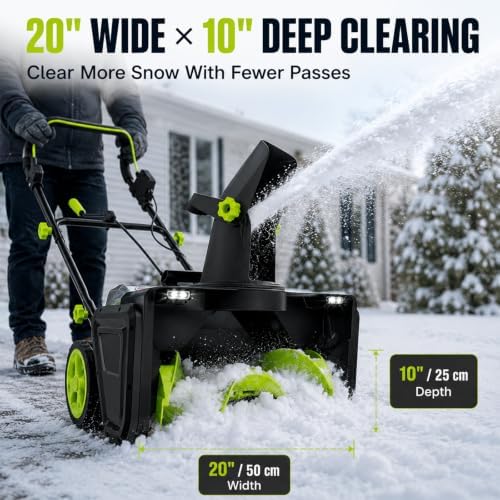 80V Cordless Snow Blower, 20 Inch Brushless Battery Snow Blower with 4×20V 4.0Ah Batteries & 2 Chargers, Up to 60 Min Total Runtime, 10 Inch Clearing Depth, 180° Rotating Chute, Dual LED