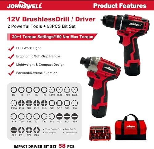 12V Brushless Cordless Drill and Impact Driver Combo Kit, 2-Tool Power Tool Set with 58PCS Accessories, 3/8" Metal Chuck, 20+1 Torque Settings, Compact Electric Drill for Home Projects