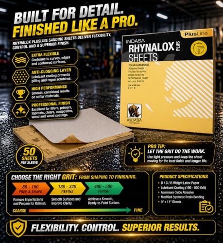 Indasa 50 PCS 9x11 Sandpaper Rhynalox Plusline - Dry Sanding Sheets, 180 Grit, Professional-Grade Abrasive for Wood, Metal, Automotive, and Paint Finishing - Durable, Clog-Resistant Sand Paper