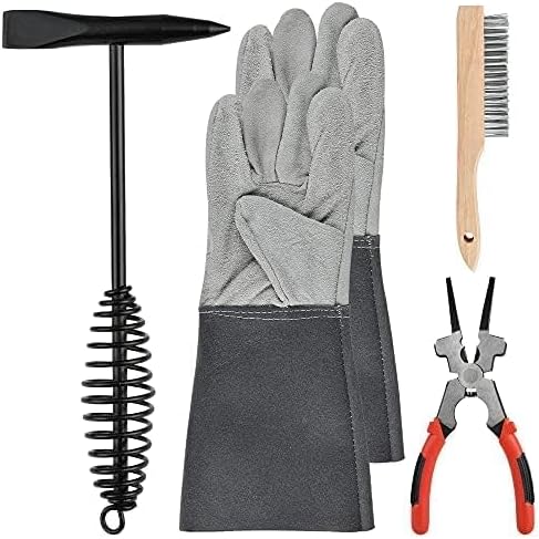 4-Piece Welding Slag Removal Tool Set - 10 Inch Chipping Hammer with Coil Spring Handle, Multi-Functional Pliers, Wire Brush, Welding Gloves