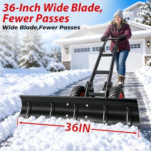 TomCare 36 in Snow Shovel with Wheels, Alloy Steel Snow Pusher Shovel