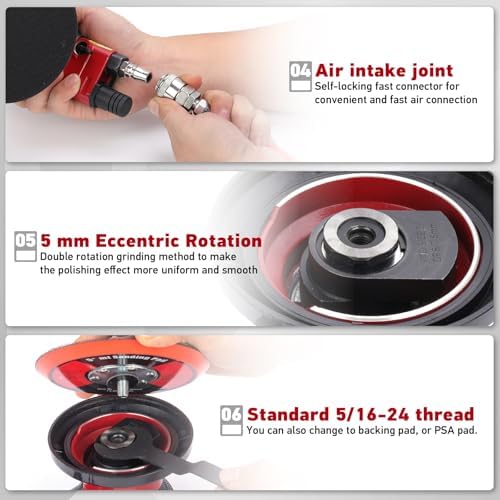 Professional 5" Dual Action Random Orbit Air Sander, Pneumatic Palm Sander, Low Vibration, Heavy Duty