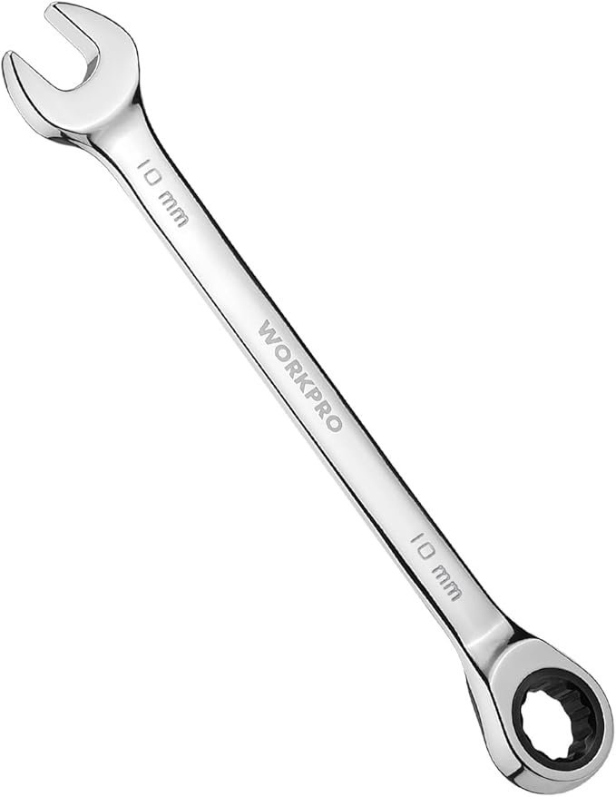 WORKPRO 10 mm Ratcheting Combination Wrench, Mirror Polish Chrome Plating | Premium CR-V Steel, 72-Teeth, 12 Point Design, Metric, For Home Projects, Motorcycle Repair, Garage Work, Plumbing, Machinery