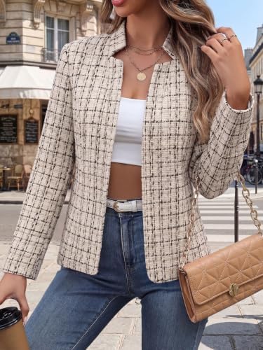 Mina Self 2026 Fall Women's Open Front Tweed Blazer,Plaid Fitted Jacket