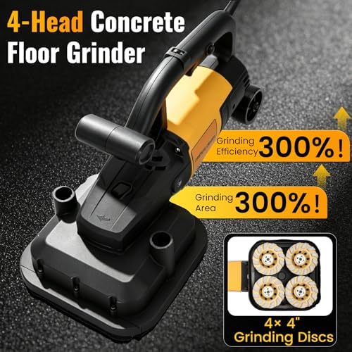 4-Head Concrete Floor Grinder with Extendable Rod, 3800W & 6000 RPM
