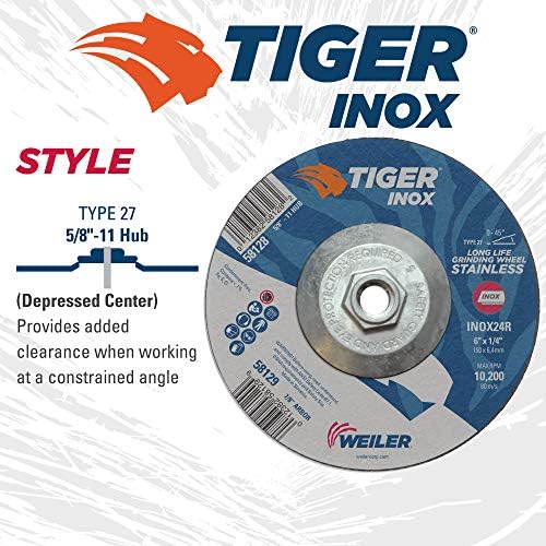 Weiler 58128 6" x 1/4" Tiger INOX Type 27 Grinding Wheel, INOX24R, 5/8"-11 Nut (Pack of 10)