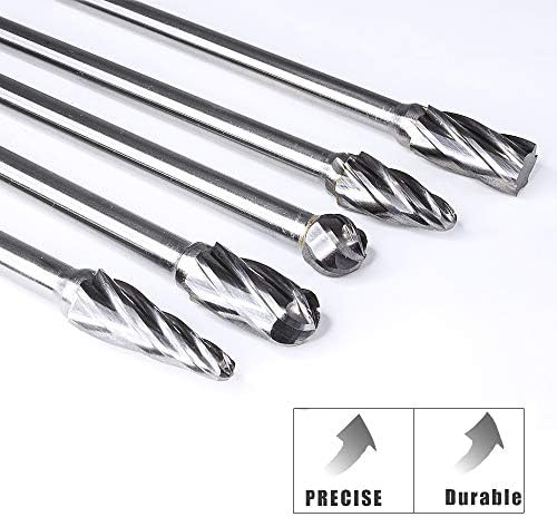 TJATSE 5Pcs 1/4 Inch Aluma Cut Carbide Burr Set 4.4" Long Shank Single Cut Tungsten Rotary Burr Files CNC Engraving Cut Metal Carving Polishing Drilling Tool Kits