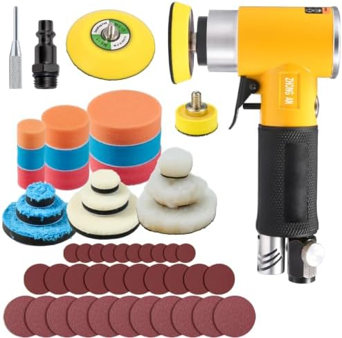 1/2/3in Mini Orbital Sander Pneumatic da sander Polisher for Auto Body Work Wood working, with 18 Pcs 1/2/3in Polishing Sponge & Wool Pads, 30Pcs Sandpapers (Yellow)