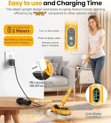 Electric Spin Mop M2, 5000mAh, 110-Min Runtime, 800RPM Cordless Power Mop