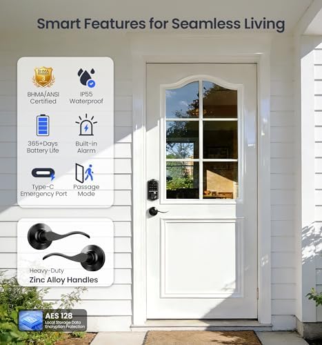 Veise VE017-L Fingerprint Smart Lock with 2 Lever Handle Set, Matte Black | App Control, Remote Access Sharing, Key Fob, Auto Lock, Backlit Touchscreen Keypad Deadbolt, IP55 Waterproof, for Front Door