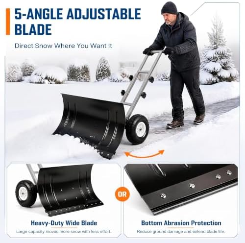 GarveeLife Wheeled Snow Shovel - 29in Steel Blade with 10in Wheels Charcoal
