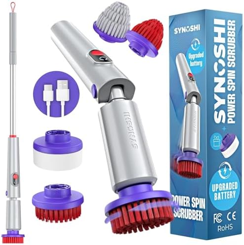 Synoshi PRO Electric Spin Scrubber with Long Handle & Cone Brush Heads