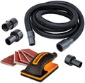 POWERTEC Vacuum Sanding Block w/ 1" OD Dust Collection Port & 10 Ft. Flexible Hose Kit, Assorted Hook and Loop Sandpapers (40/180/120/180/240 Grit) for Woodworking, Dust-Free Sanding Tool (72221)