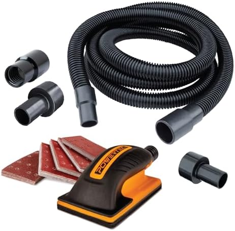 POWERTEC Vacuum Sanding Block w/ 1" OD Dust Collection Port & 10 Ft. Flexible Hose Kit, Assorted Hook and Loop Sandpapers (40/180/120/180/240 Grit) for Woodworking, Dust-Free Sanding Tool (72221)