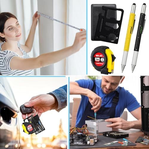 192 Pcs Mini Screwdriver Tape Keychain Set Multitool Pen Card Father's Gifts Bulk Mini Tool Set for Adult Men Dad (Yellow,Black)
