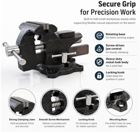 4.5 Inch Bench Vise, Heavy Duty Cast Steel Table Vice for Workbench, 270° Swivel Base Utility Vise with Hardened Jaws, Bolt-On Design for Woodworking, Metalworking, Home Garage