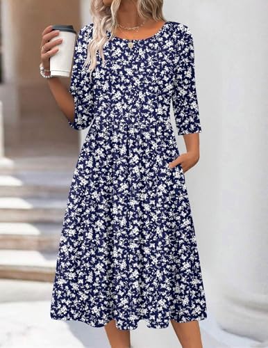 Zeagoo 3/4 Sleeve Women's Dress Casual Aline Summer Fall Midi Long Dresses