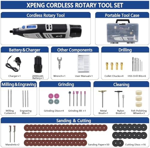 XPENG 12V mini Cordless Rotary Tool Kit, 6 Variable Speeds 5000-25000 RPM 2000mAh Fast-Charging 102 Pcs Accessories for Sanding, Polishing, Carving, Cutting, Drilling and DIY Crafts