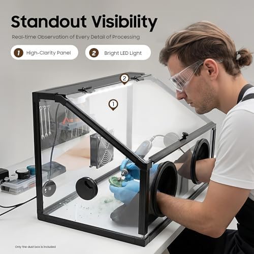 Enclosed Grinding Dust Box 110V 30W, 2 Holes Enclosed Electric Grinding Table Polisher Dust Box with LED Light & Fan, Transparent Rectangle Table Polisher Dust Box for Polishing Sanding Engraving
