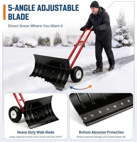 GarveeLife Wheeled Snow Shovel - 29in Steel Blade with 10in Wheels Red