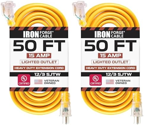 IRON FORGE CABLE 2 Pack of 50 Ft Outdoor Extension Cords - 12/3 SJTW Heavy Duty Yellow 3 Prong Extension Cable, 15 AMP - Great for Garden and Major Appliances
