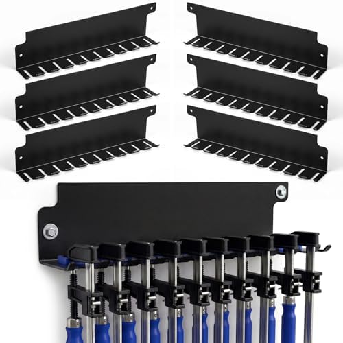 LEIFIDE 6 Pack F-Clamp Rack Black Help to Store Heavy Duty Clamps 16'' Long Stainless Steel Clamp Holder Pre-Drilled 16 inch on Center for Mounting to Wall Stud Workshop Organizer and Storage