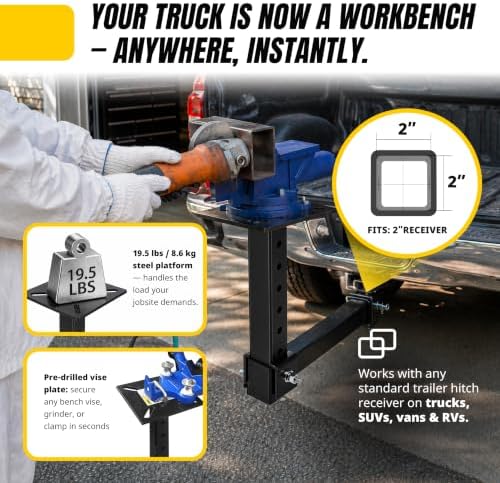 MaxxHaul Hitch Mount Vise Plate Holder Heavy‑Duty 2 Inch Receiver Workbench Mount Portable Vise and Tool Platform for Trucks SUVs and RVs Alloy Steel Construction (80356)