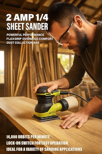 2 Amp Corded 1/4 Sheet Finishing Sander, 14,000 OPM, 1/16 in. Orbit, Dust Collection Bag, Lock-On Switch, Cushioned Overmold Grip, 6-ft Cord, Carrying Cases, Sandpaper - Compatible with RYOBI Models