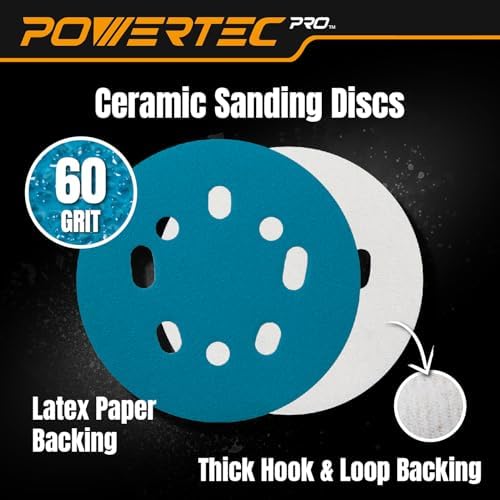 POWERTEC PRO 50PK, 5 Inch Sanding Discs Hook and Loop, 60 Grit, Ceramic Orbital Sander Sandpaper for 5 & 8 Hole Random Orbital Sanders - Automotive, Paint, Metal, Woodworking (45306C-50)