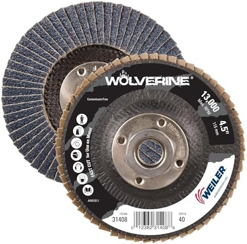 Weiler 31408 Wolverine 4-1/2" x 5/8"-11 UNC NUT Abrasive Flap Disc, 40 Grit Zirconia Alumina, Flat Type 27, Phenolic Backing, Standard Density (Pack of 10)