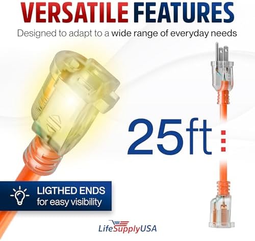 25ft Outdoor/Indoor Extension Cord 12/3 Gauge Extra Heavy Duty 3 Prong SJTW, Waterproof, Flexible Cold-Resistant Long Power Cord,15A 125V 1875W, Orange by LifeSupplyUSA