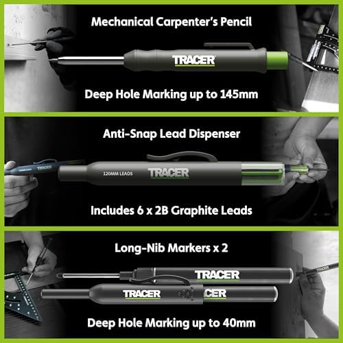 Tracer Complete Deep Hole Marking Kit - Includes Double-Tipped Long Head Deep Hole Permanent Marker and Deep Hole Construction Pencil with 6 Replacement Lead Dispenser Site Holster