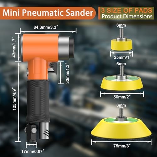 1/2/3 Inch Random Orbital Air Sander, Mini Da Sander for Auto Body Work, High Speed Pneumatic Sander for Metal & Woodworking/Car Polishing Waxing/DIY Projects(60PCS Sandpapers Included)